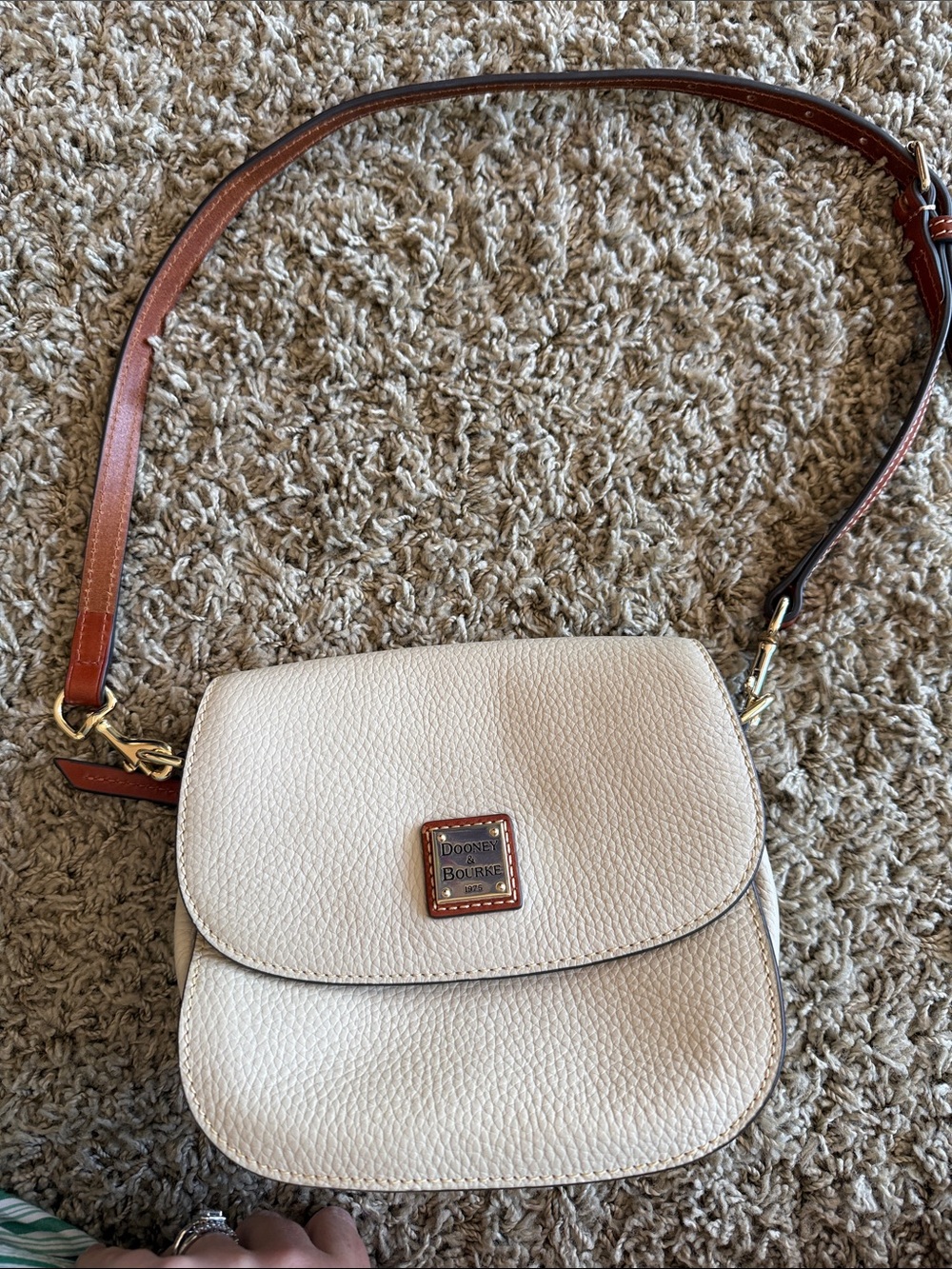 Dooney & Bourke Cream Pebbled Leather Crossbody with Brown Strap